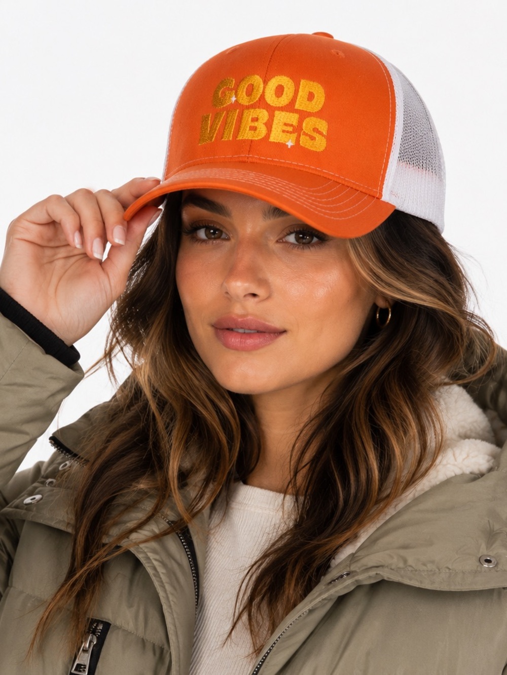 Good Vibes Orange Trucker Cap with Gold Embroidery